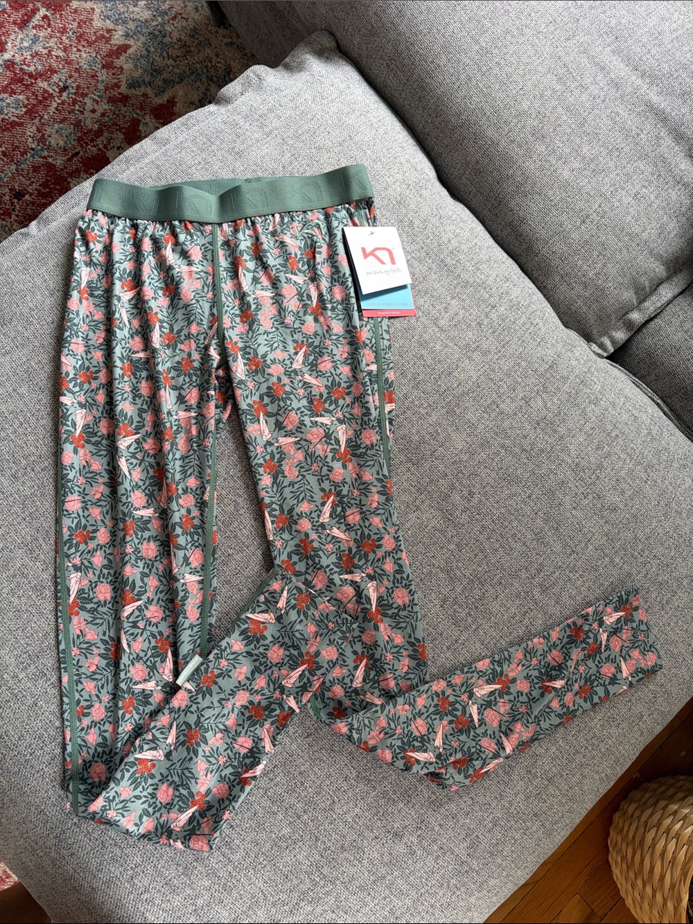 Kari Traa Girls Floral Leggings in Sage Green and Coral